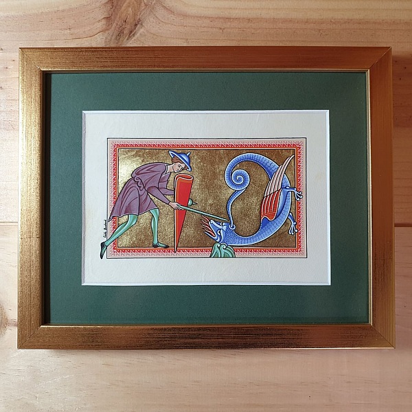 Enluminure médiévale de l'aspic dans un cadre doré.