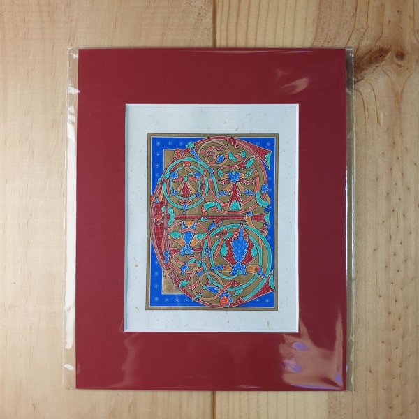 Letra E iluminada en estilo g&oacute;tico temprano