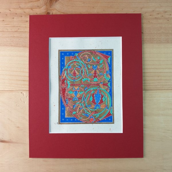 Letra E iluminada en estilo g&oacute;tico temprano