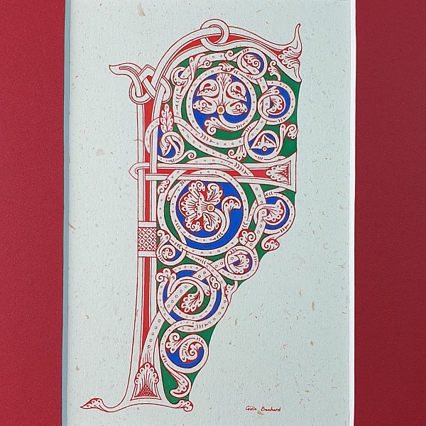 Lettre F enluminée style roman avec passe-partout rouge.
