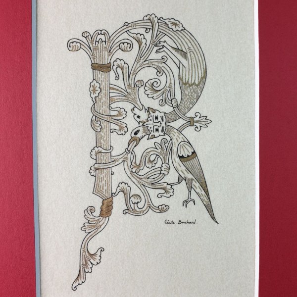 Letra R iluminada en estilo rom&aacute;nico