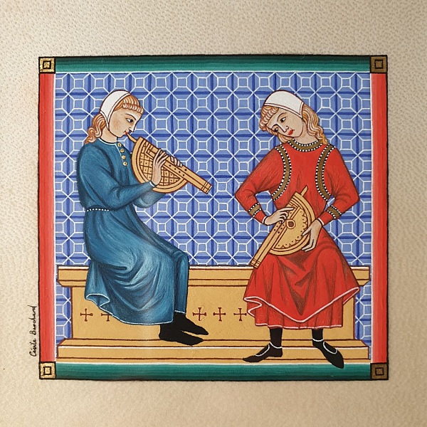 Miniature médiévale représentant deux musiciens jouant des instruments anciens.
