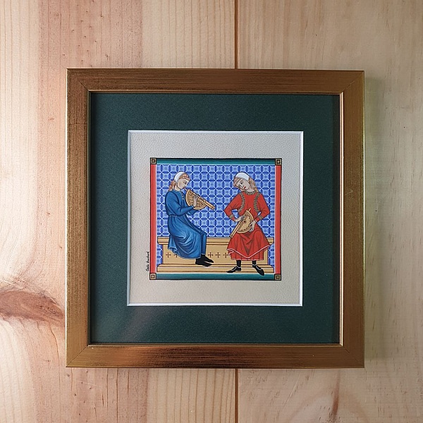 Miniature enluminée encadrée représentant deux musiciens médiévaux.