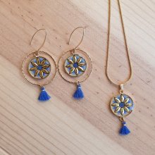 Parure boucles d'oreille et collier enluminure fleur or/bleue ou or/rouge